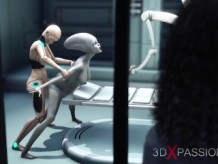 Sexo lésbico alienígena en un laboratorio de ciencia ficción. Androide femenino juega con un extraterrestre